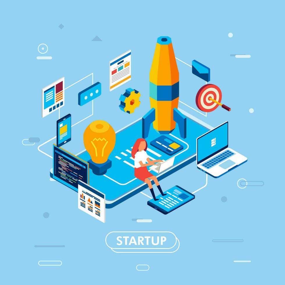 creative concept of business startup with rocket, women character, laptop, computer, smartphpone and other element 3D isometric vector illustration