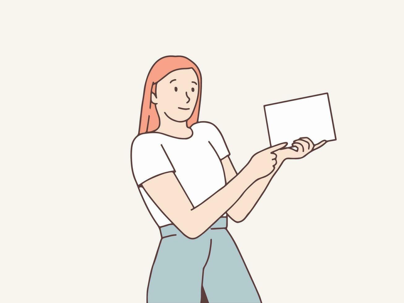 Woman points blank paper for placeholder simple korean style illustration vector