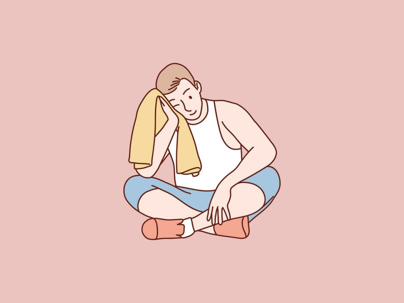 hombre cansado descansando sentar después formación rutina de ejercicio limpiar con toalla sencillo coreano estilo ilustración vector