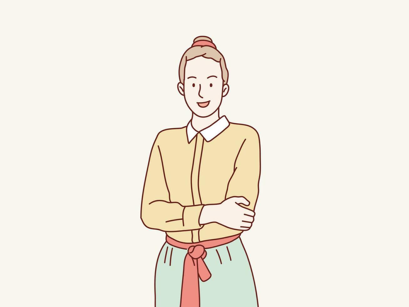 Portrait woman employee smile and crossed arms crosshand folded arm simple korean style illustration vector