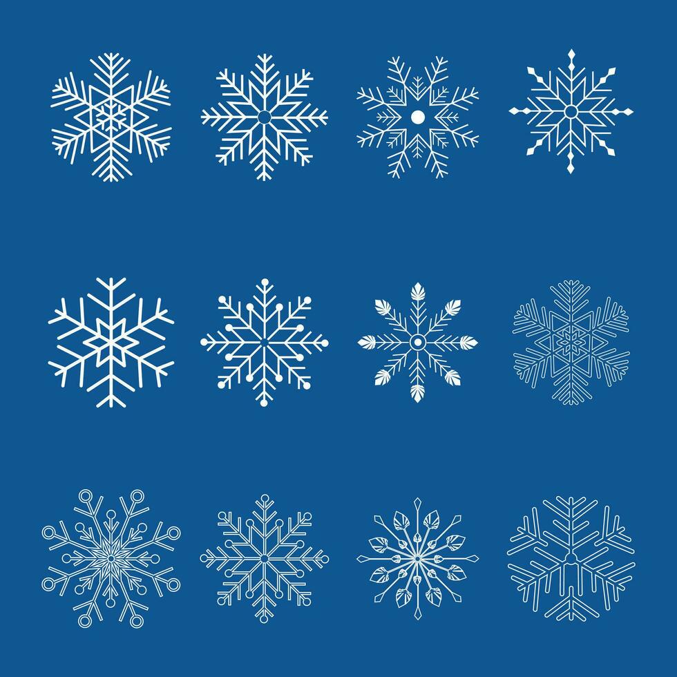 Set white snowflake icons collection isolated on a  blue background. vector