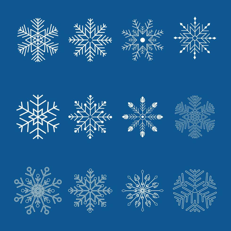 conjunto blanco copo de nieve íconos colección aislado en un azul antecedentes. vector