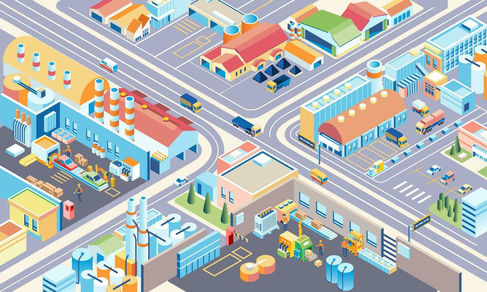 Isometric illustration of a very large industrial factory complex, people working and truck transporting goods vector