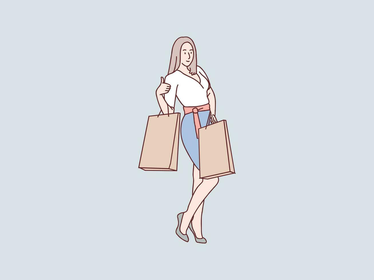 Woman cheerful posing holding shopping bags simple korean style illustration vector