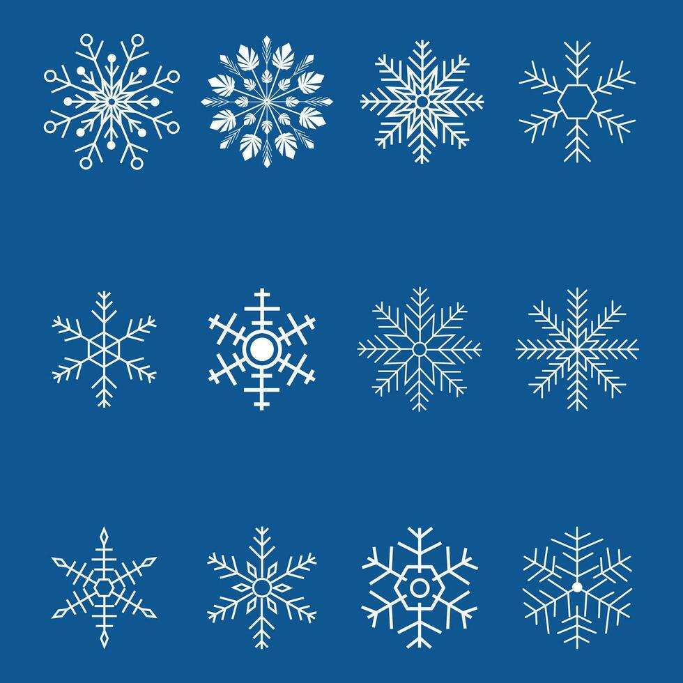 Set white snowflake icons collection isolated on a  blue background. vector