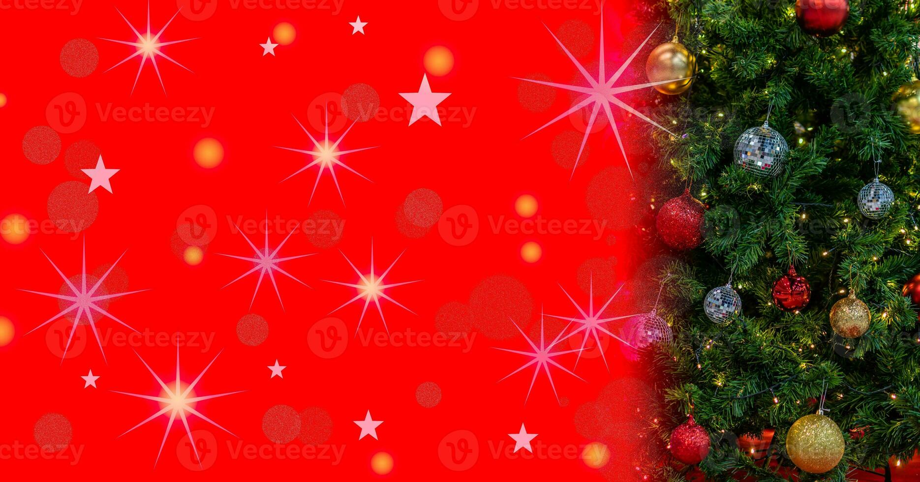 Christmas Tree In Bokeh and blur Background. Ornament And Abstract Defocused Lights. Concept Christmas Day, happy, highlights, holiday, light, merry, new year, night, season 2023. Copy space on left. photo