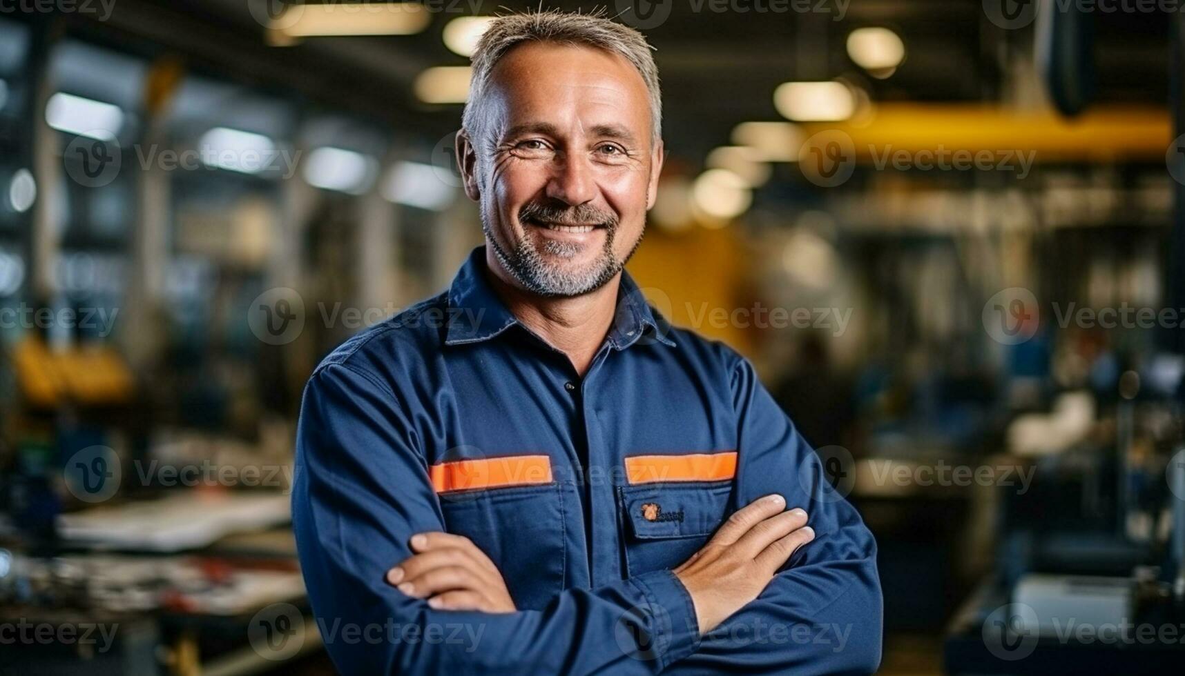 A male industrial engineer wearing a safety helmet and other protective equipment works carefully in a manufacturing factory, ensuring the safety and efficiency of operations. Generative Ai. photo