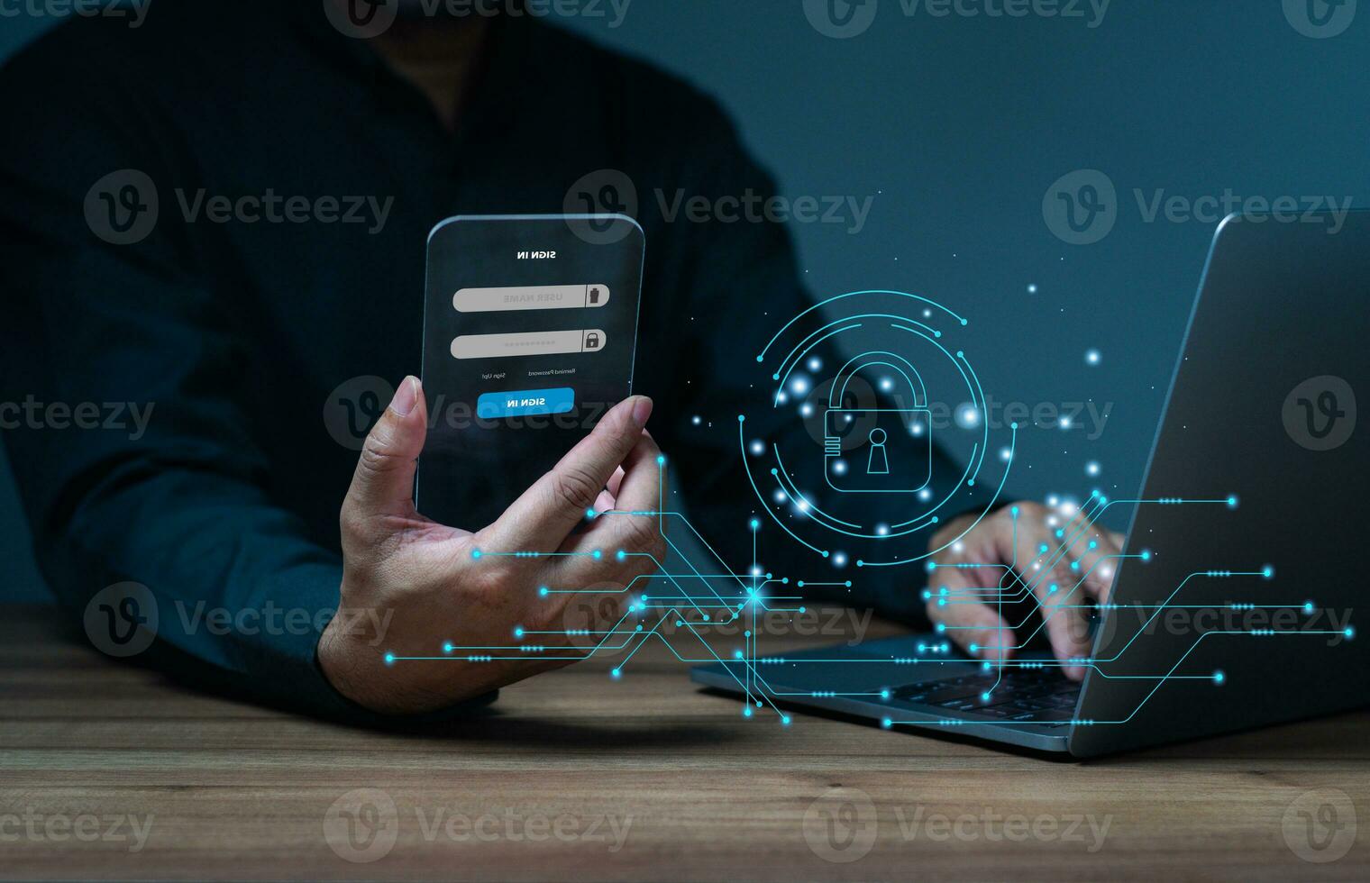 Businessman sign in for protecting personal data on smart phone with virtual screen interfaces. Cybersecurity and privacy concepts to protect data. Lock icon and internet network security technology. photo