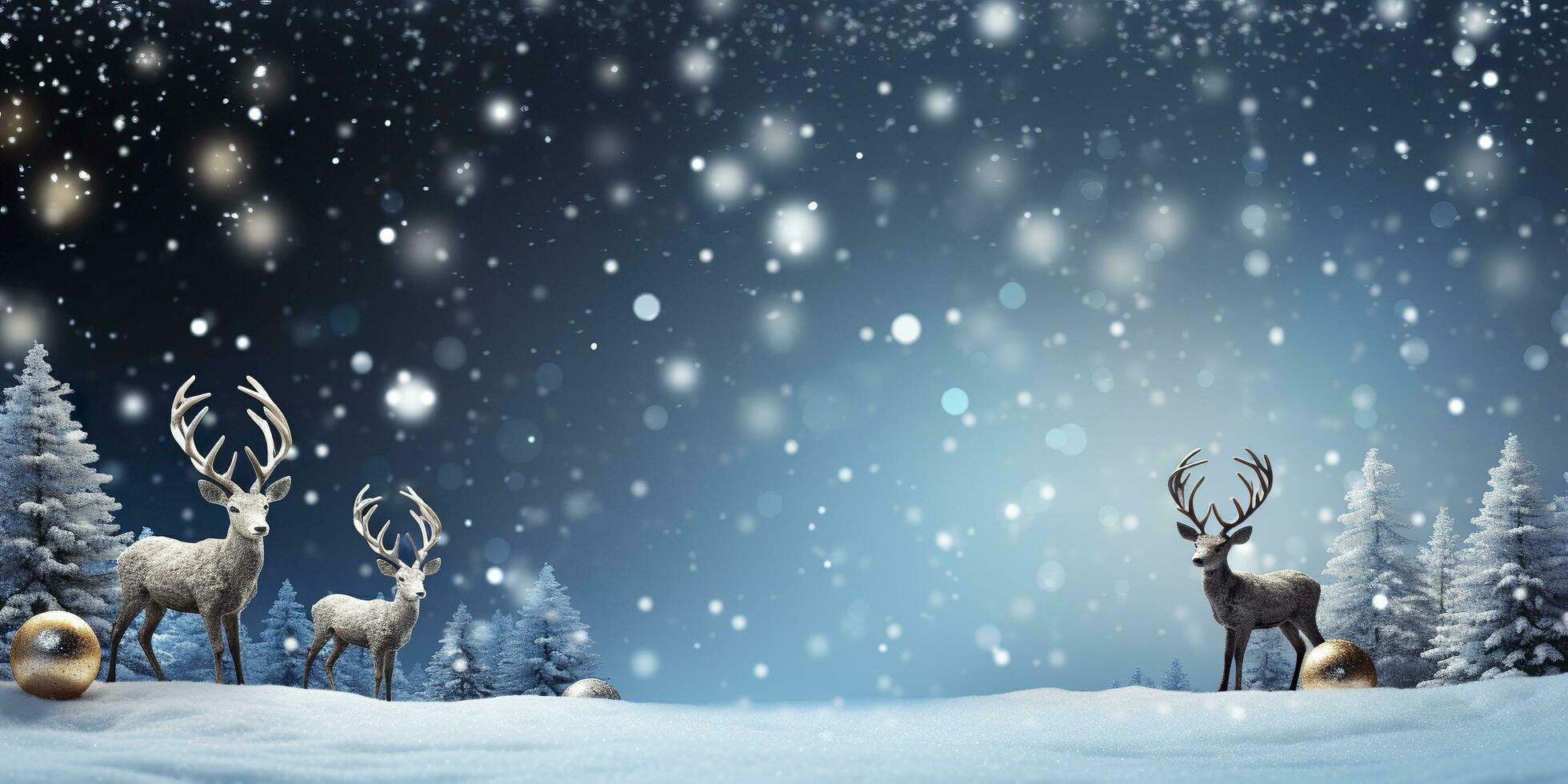 Deer standing in winter snow background with Christmas tree. Merry Christmas and Happy New Year. AI Generated photo