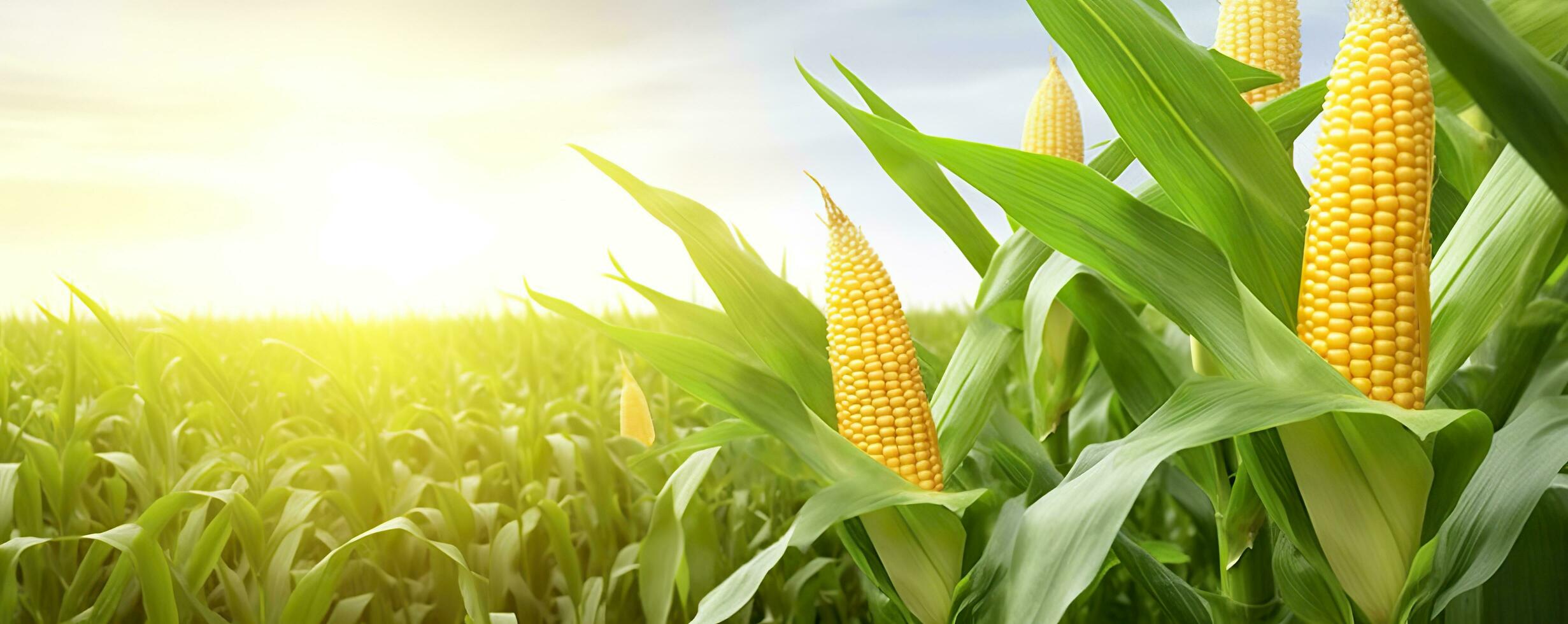 Closeup corn cobs in corn plantation field. Generative AI photo