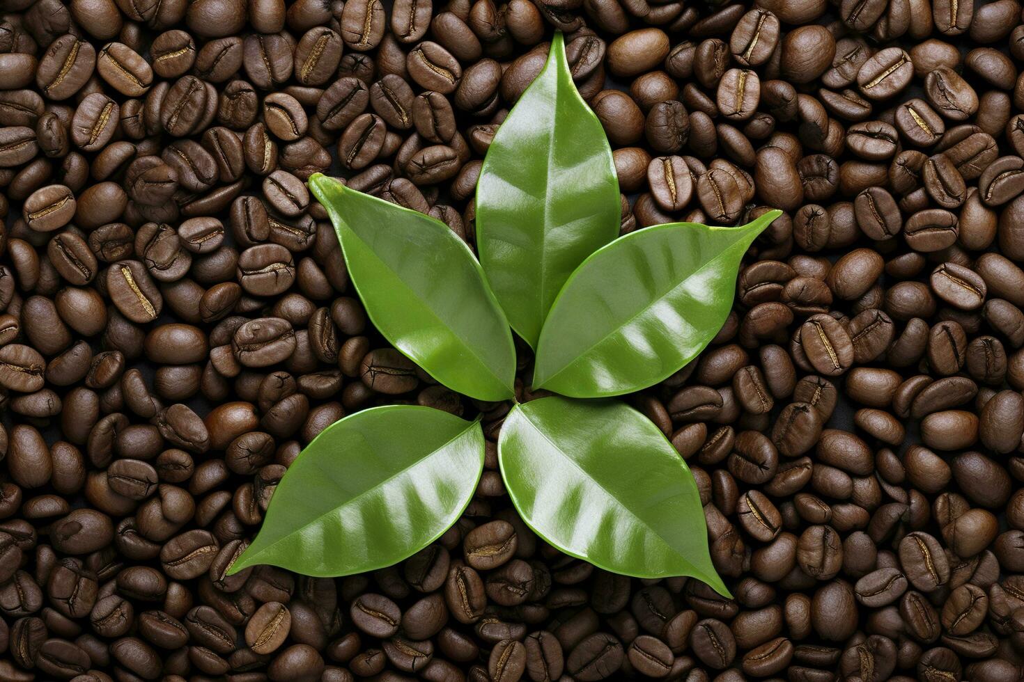 Green leaves with coffee beans as background. AI Generated photo