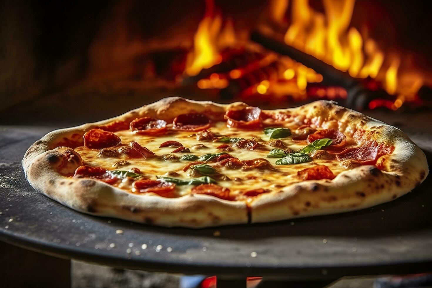 Freshly baked pizza closeup, traditional wood fired oven background. AI Generated photo