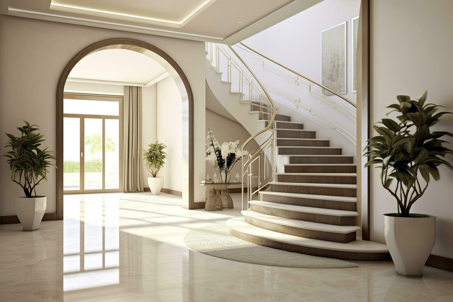 The interior design of the modern entrance hall with a staircase in the villa. AI Generated photo