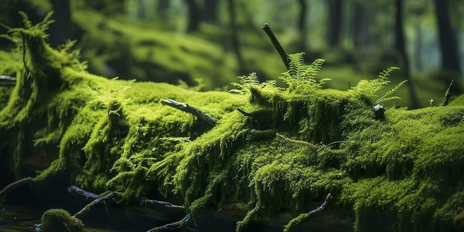 Green moss closeup, with a backdrop of woodland.  Forest in the national park. AI Generated photo