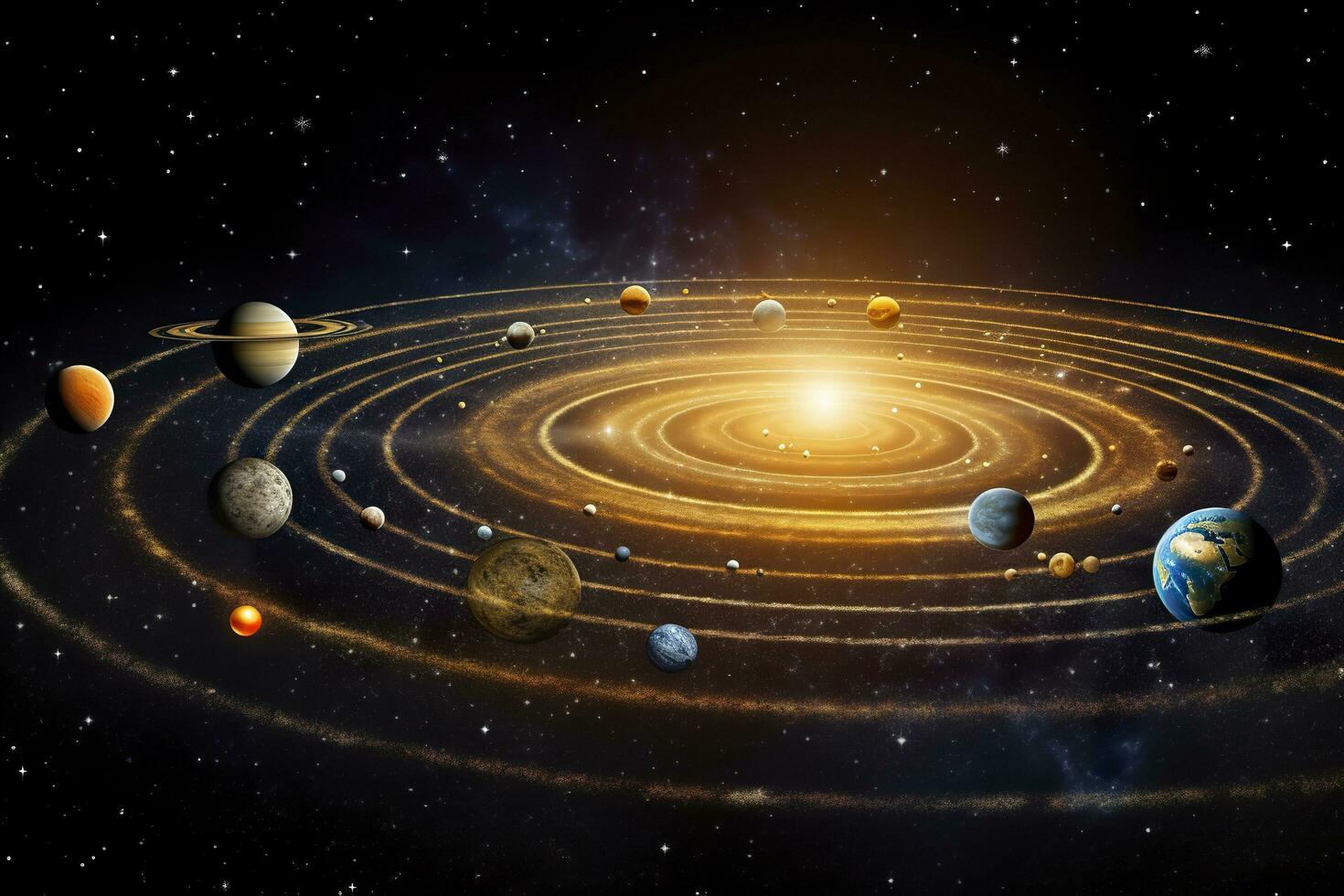 Our 3d Solar system with planets in orbits path. AI Generative photo