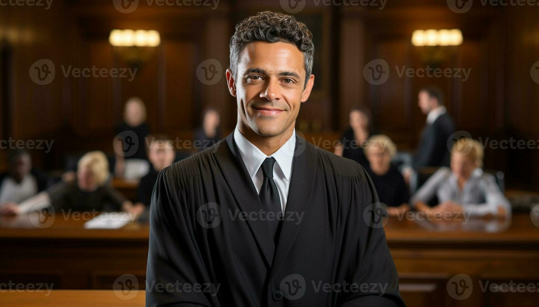 un masculino abogado soportes con confianza en el sala de justicia, un retrato capturar su profesionalismo y Dedicación a el ley. generativo ai. foto