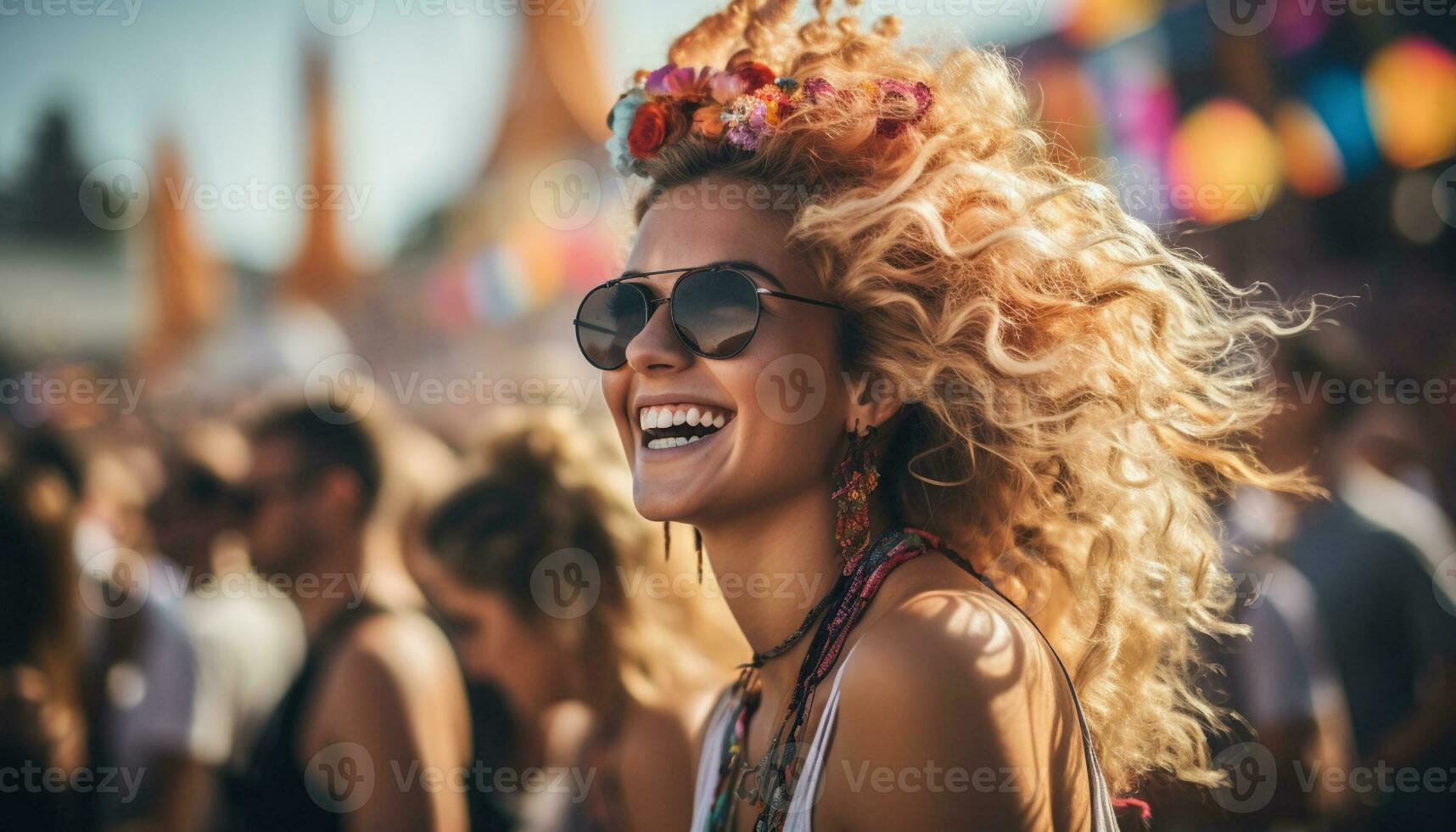 A lady laughs with joy and happiness as she relaxes on the beach at a summer party, surrounded by friends and family, with the sea breeze in her hair and the sun on her face. Generative Ai photo