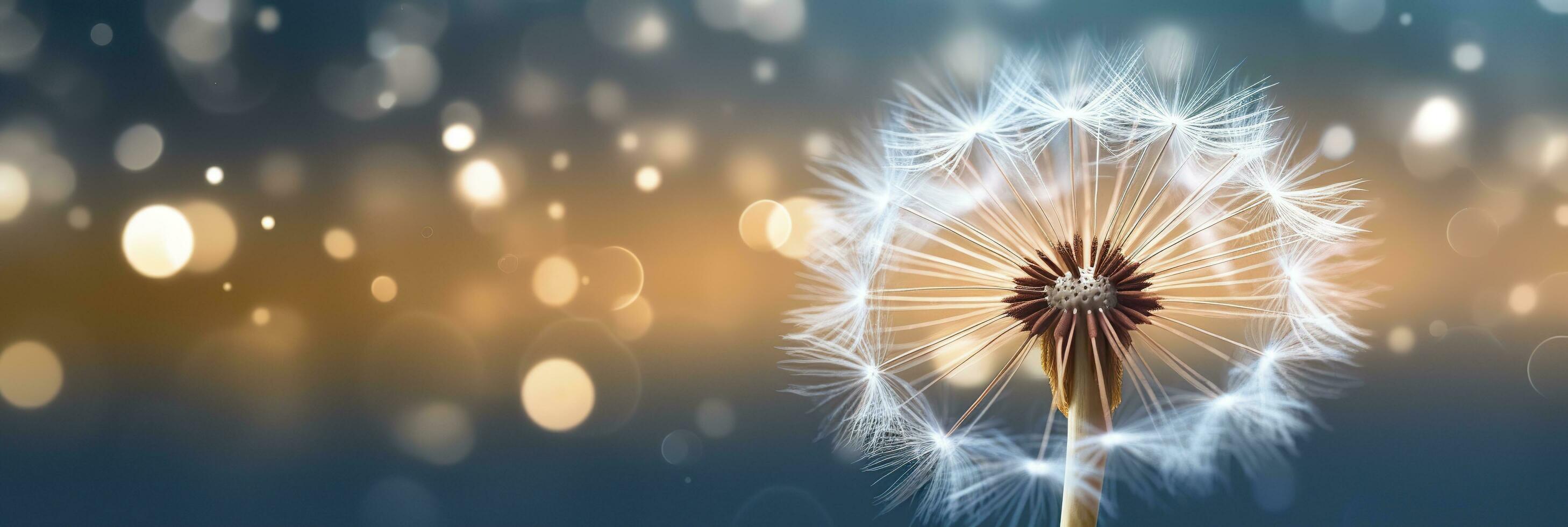 Abstract blurred nature background dandelion seeds parachute. Bokeh pattern. Generative AI photo