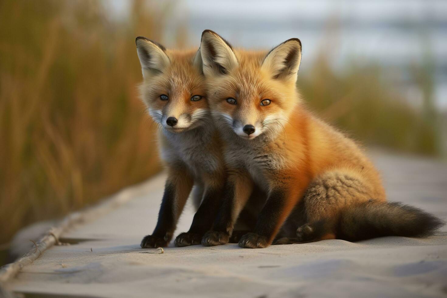 Wild baby red foxes cuddling at the beach. Generative AI photo