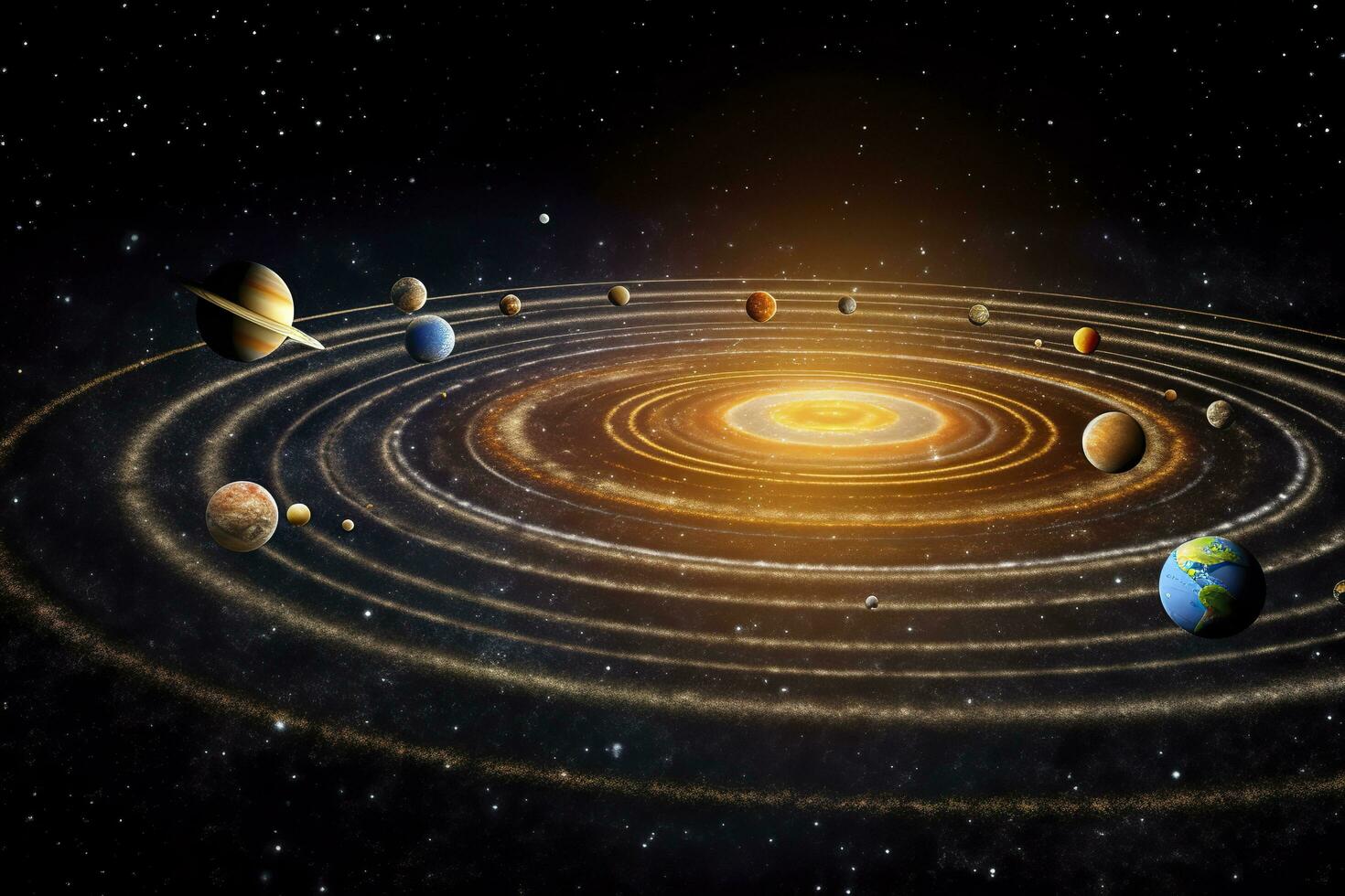 Our 3d Solar system with planets in orbits path. AI Generative photo