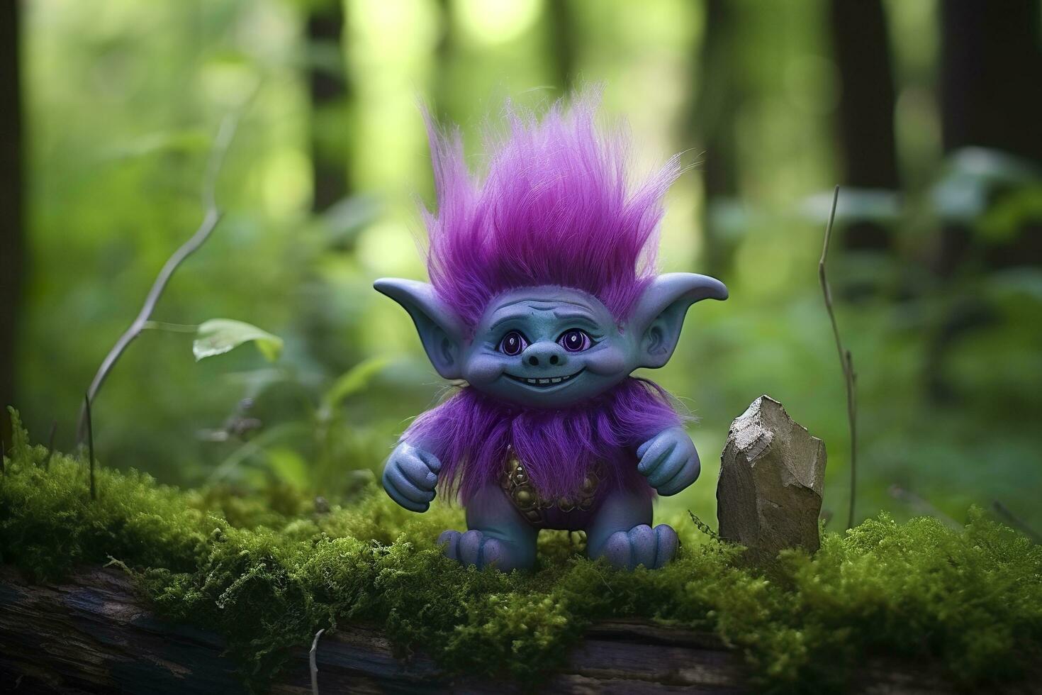 Tale troll with crystals in the forest, natural green background. Generative AI photo