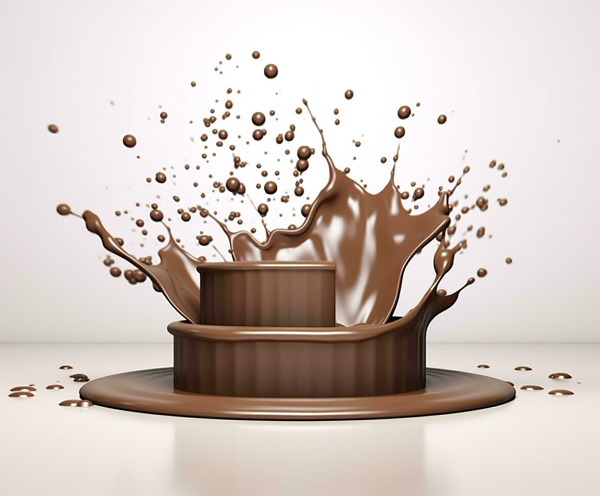 Chocolate splash with a podium, mockup background for milk product display, 3d. Generative AI photo