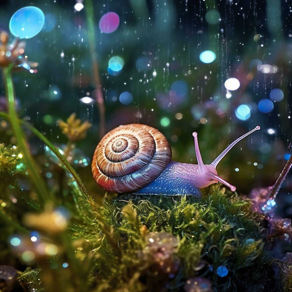 Iridescent Snail in a Fairy Forest, Close Up of a Shimmering Shell. AI Generative photo