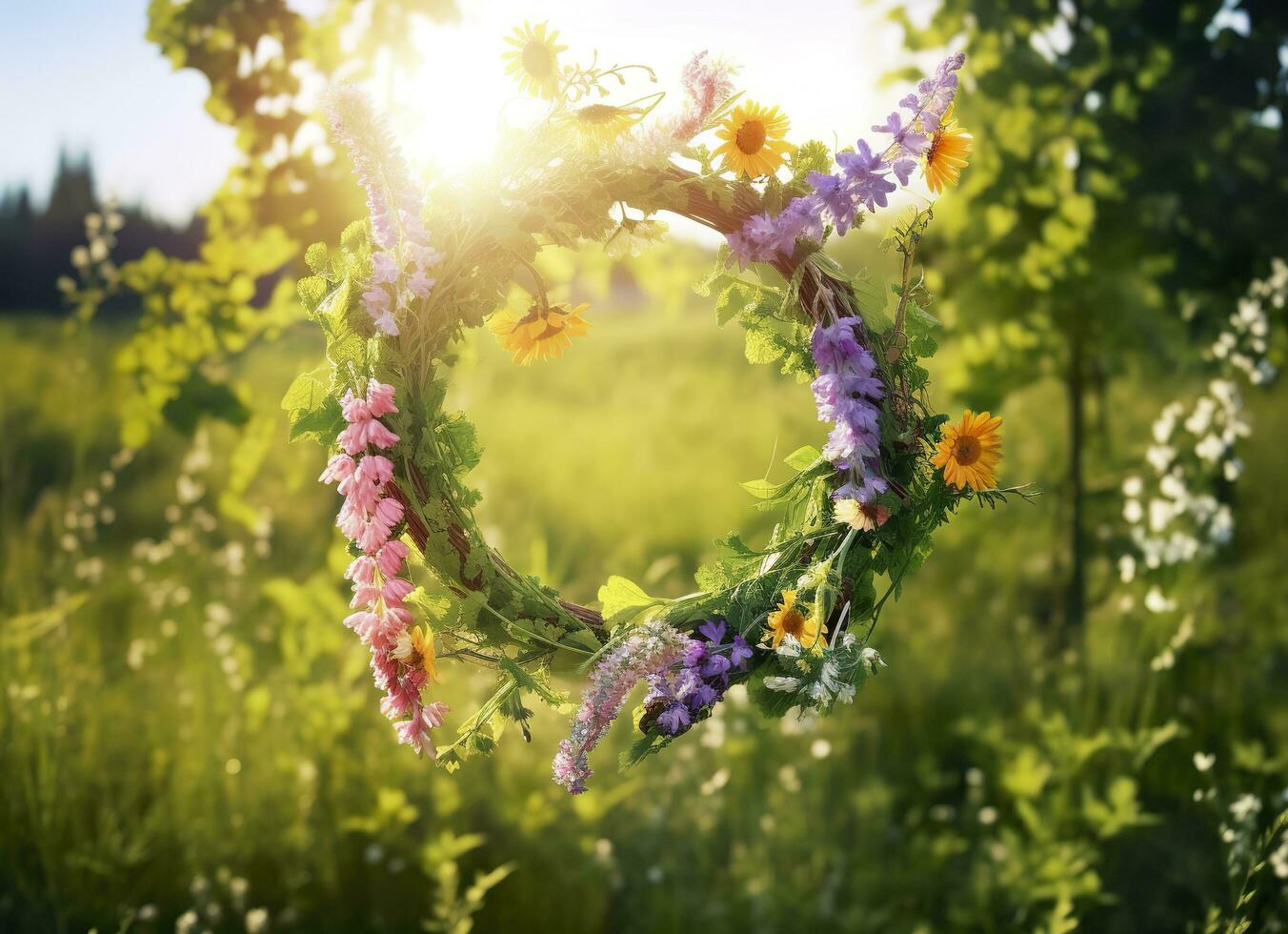 Rustic wildflowers wreath on a sunny meadow. Summer Solstice Day, Midsummer concept. Generative AI photo