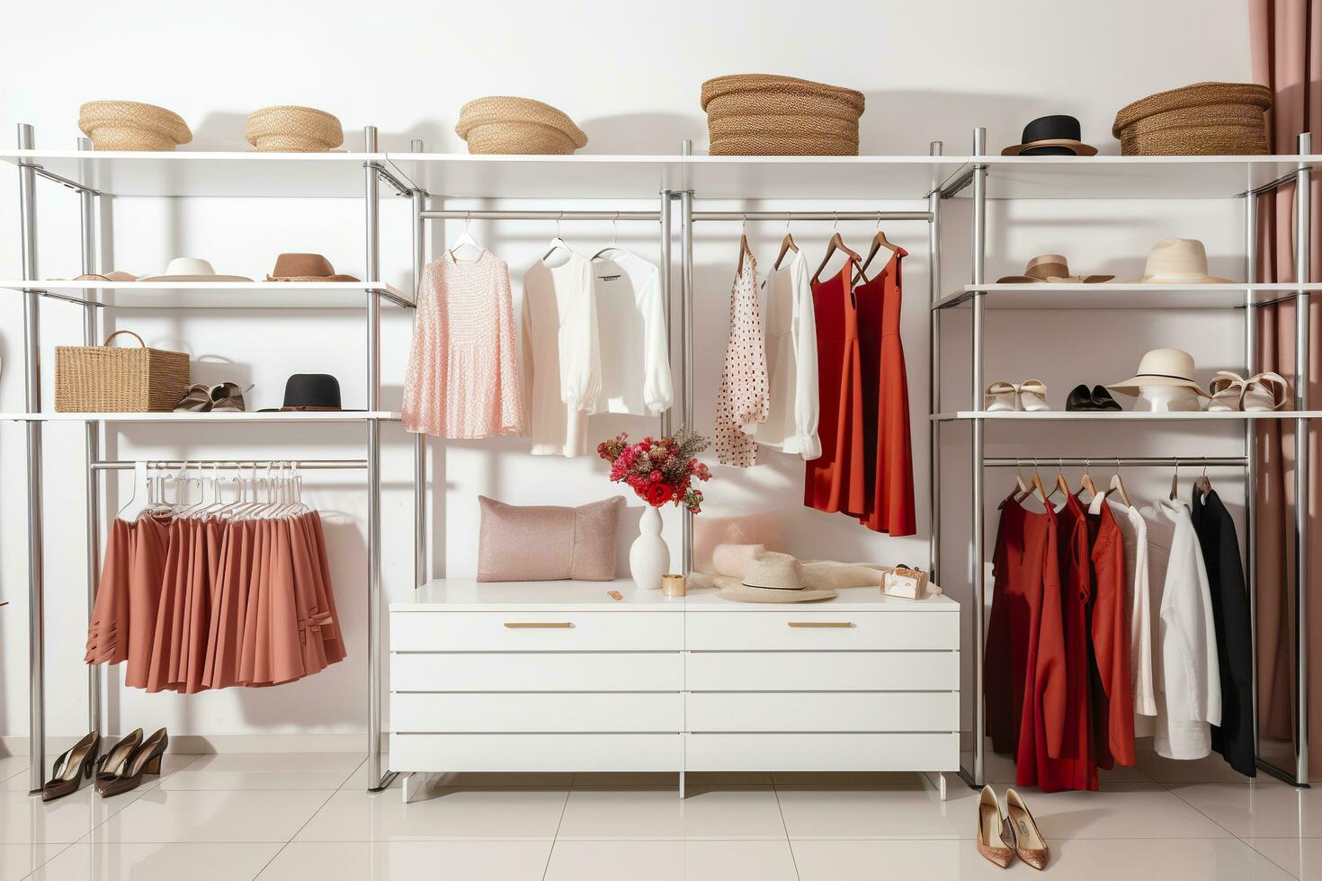 Stylish female clothes and shoes in a boutique. Generative AI photo