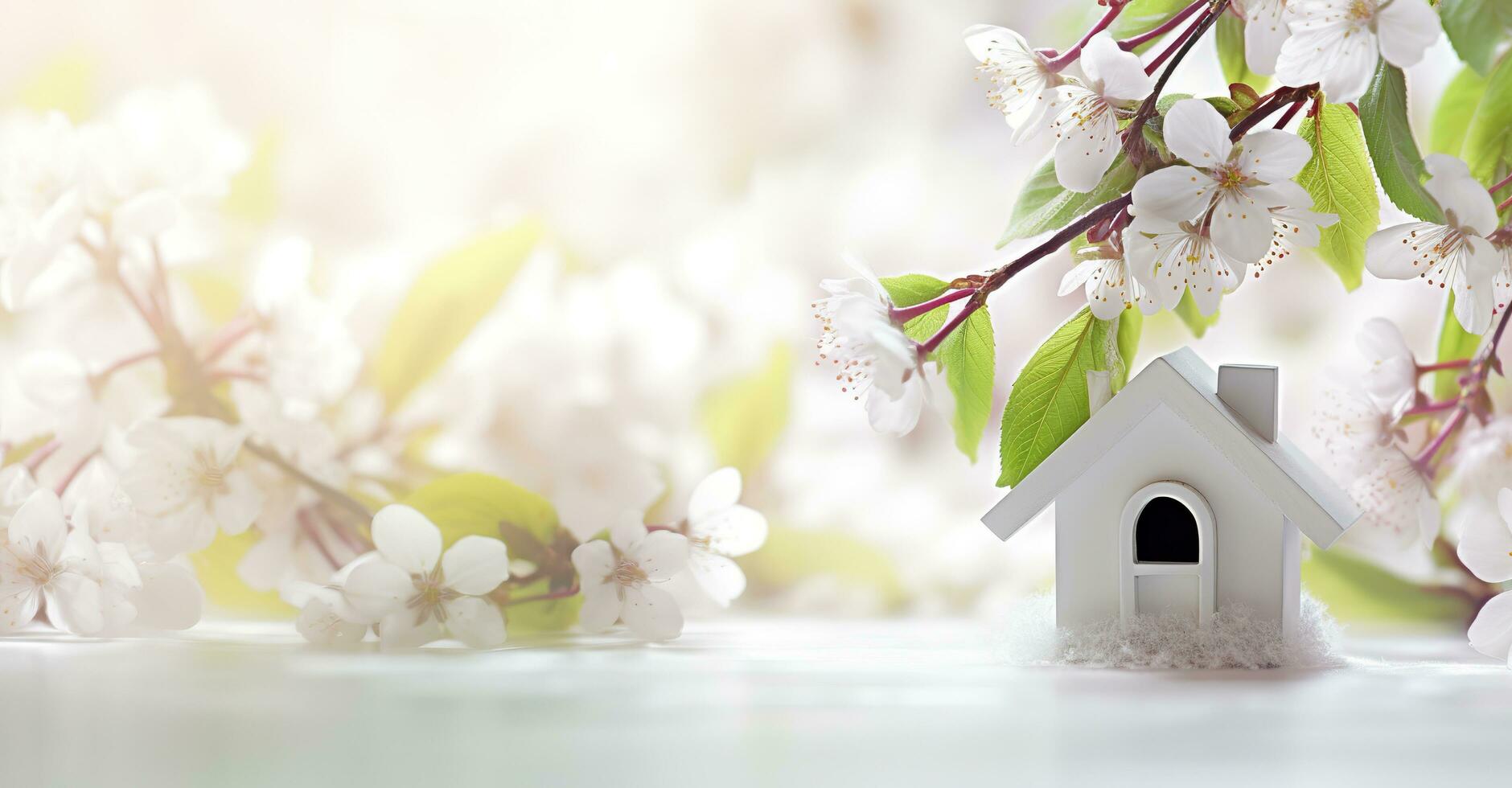 Toy house and cherry flowers, spring abstract natural background. Generative AI photo