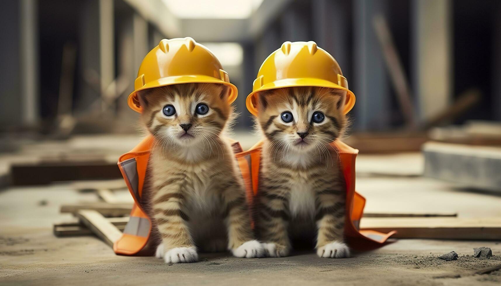 Two kittens wearing hard hats on a construction site. Generative AI photo