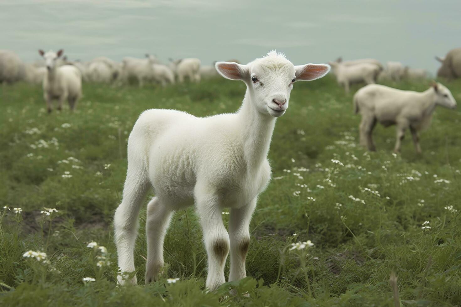 White lamb in a field in front of other animals. Generative AI photo