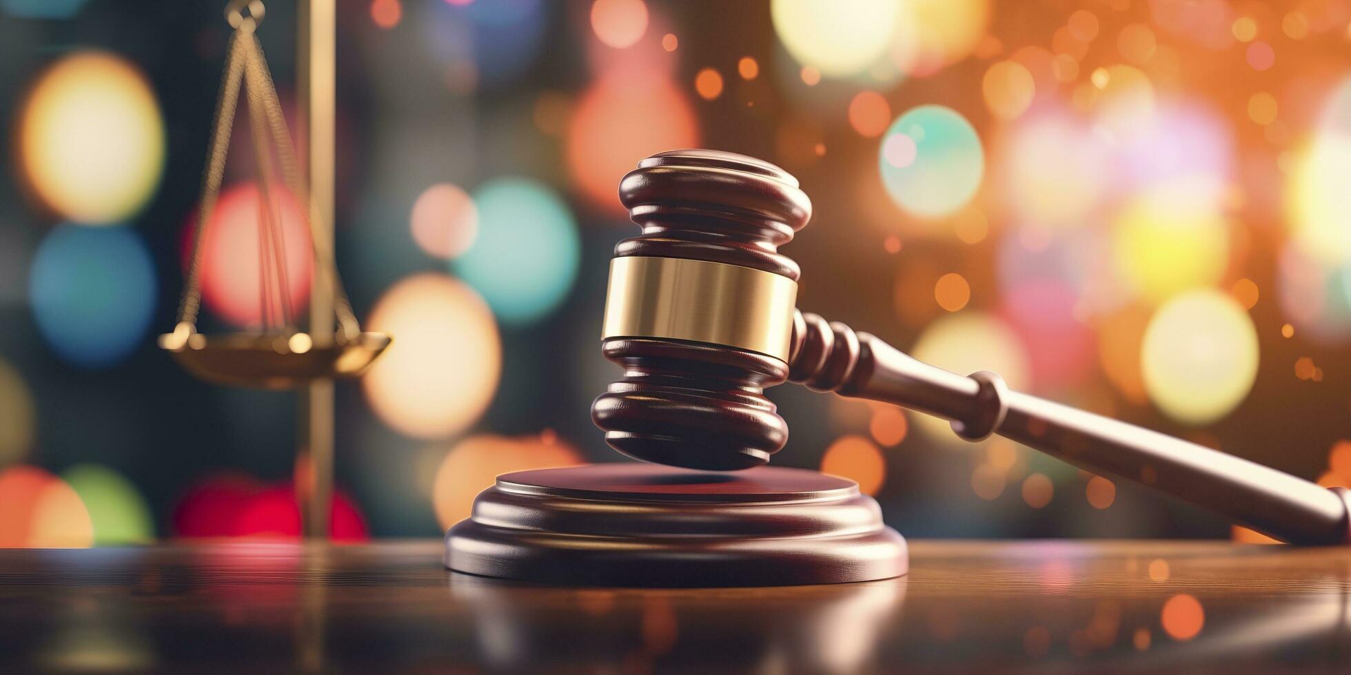 Legal law concept image gavel bokeh. law and authority lawyer concept, judgment gavel hammer in court courtroom for crime judgment legislation and judicial decision. AI Generative photo