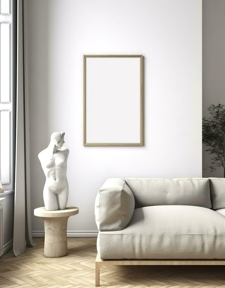 Bosquejo marco en contemporáneo escandinavo vivo habitación interior, 3d prestar. ai generativo foto