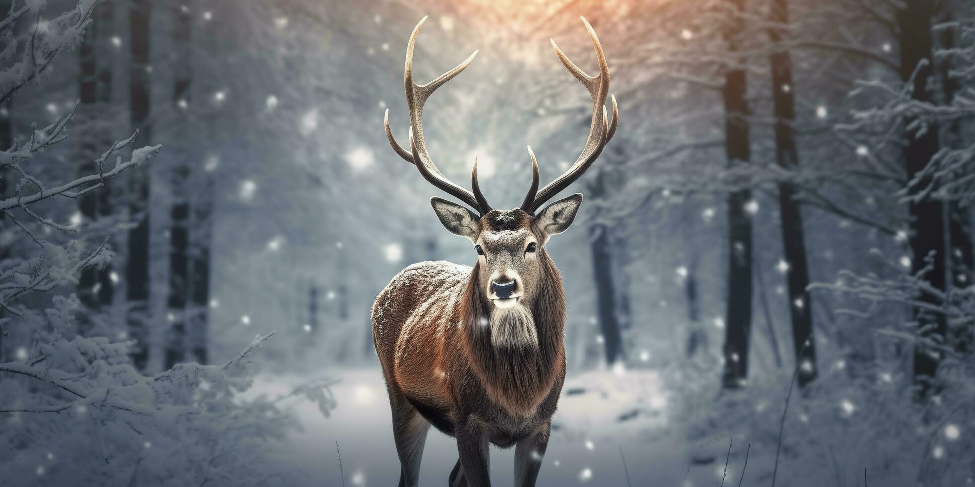 Noble deer male in the winter snow forest. Artistic winter Christmas landscape. AI Generated photo