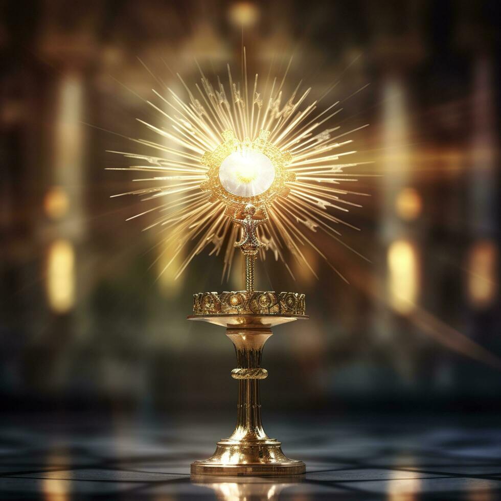 The golden monstrance with a little transparent crystal center, consecrated host. church defocused background. AI Generative photo