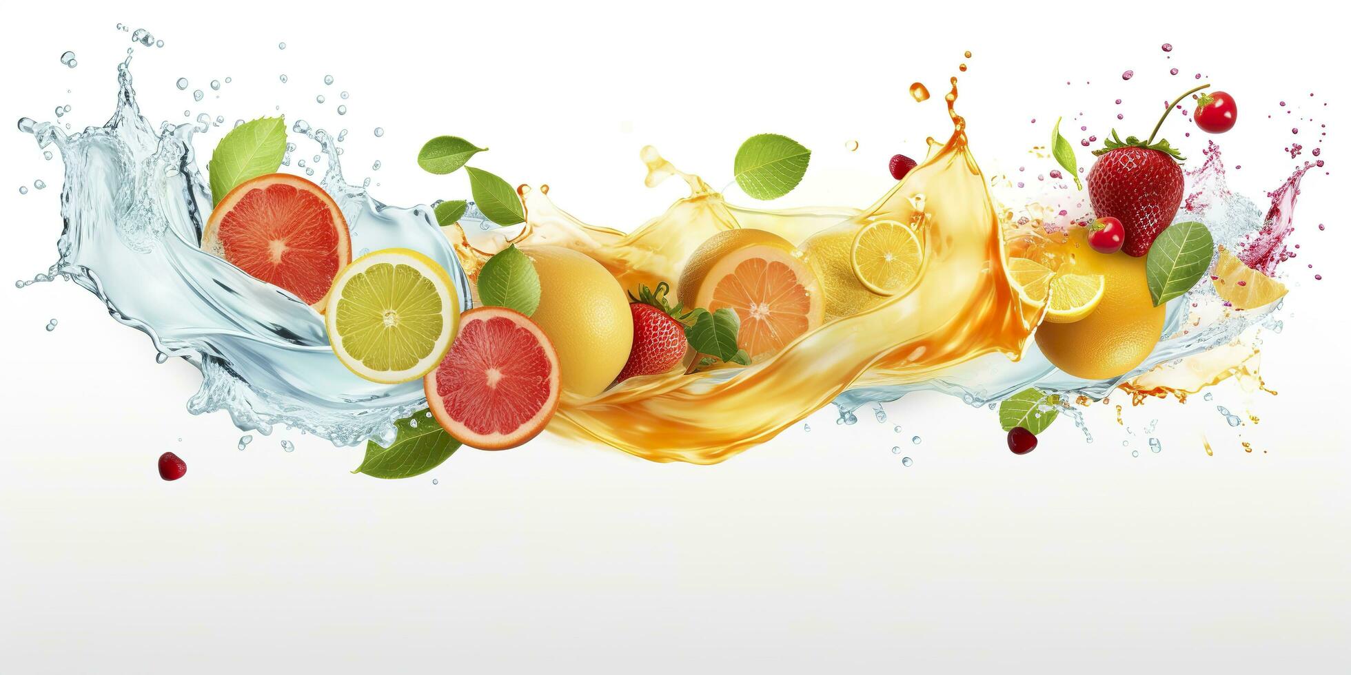 Swirl water splash with fruits. liquid flow with ice cubes and a mix of fresh fruits. Generative AI photo