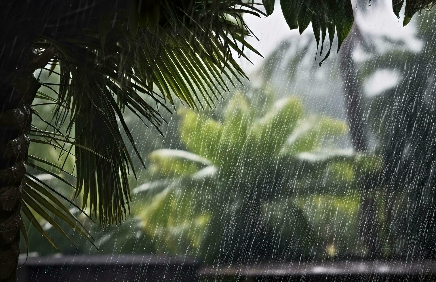 Rain in the tropics during the low season or monsoon season. Raindrops in a garden. Generative AI photo