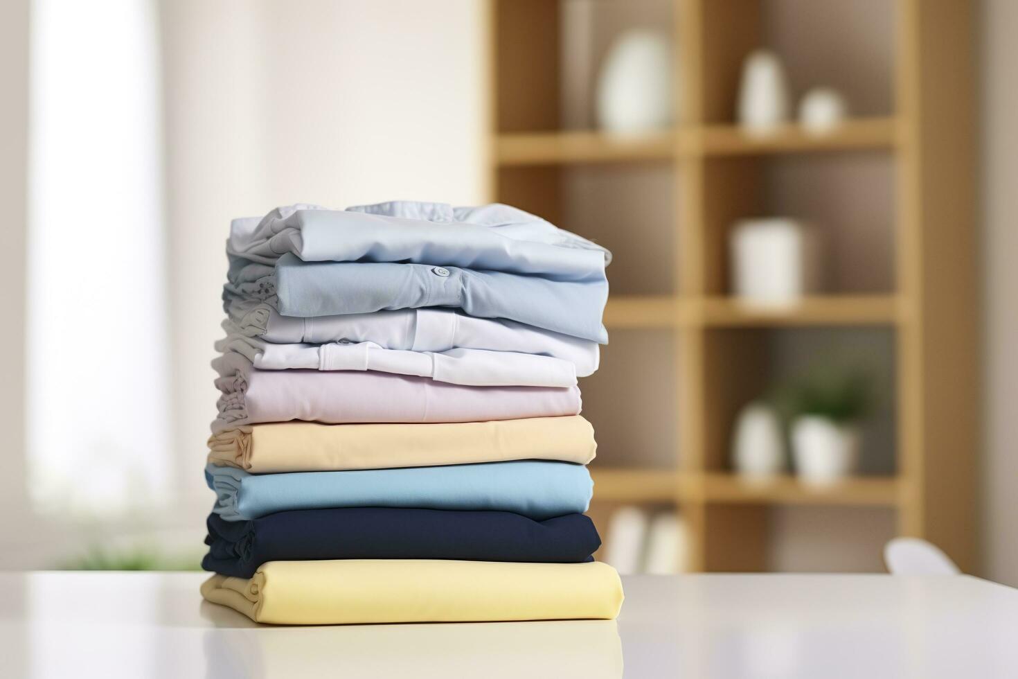 Stack of clean clothes on table in room. Generative AI photo