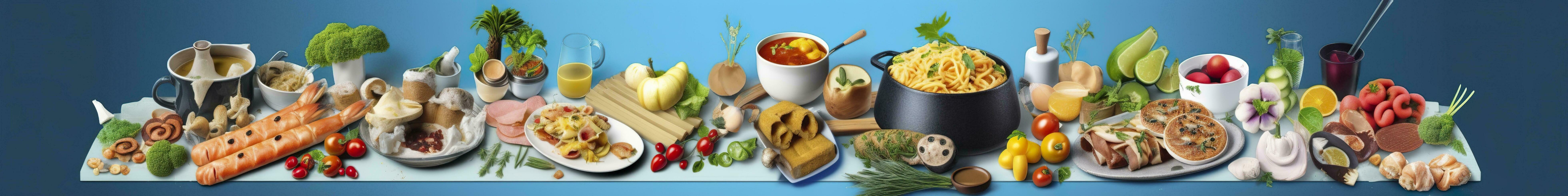 Web page banner of famous Italian food recipes on clean blue background. AI Generated photo