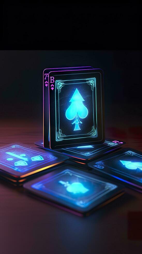 Some playing cards with glowing neon designs on a tablet. Generative AI photo