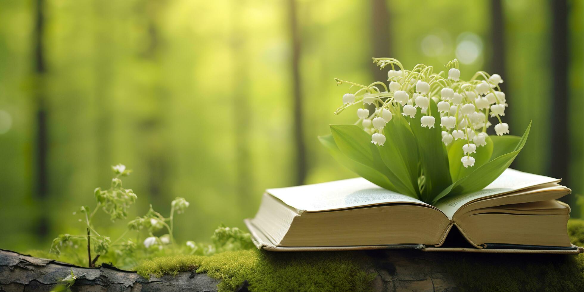 Lily of the Valley flowers and old books in the forest, green natural background. AI Generated photo