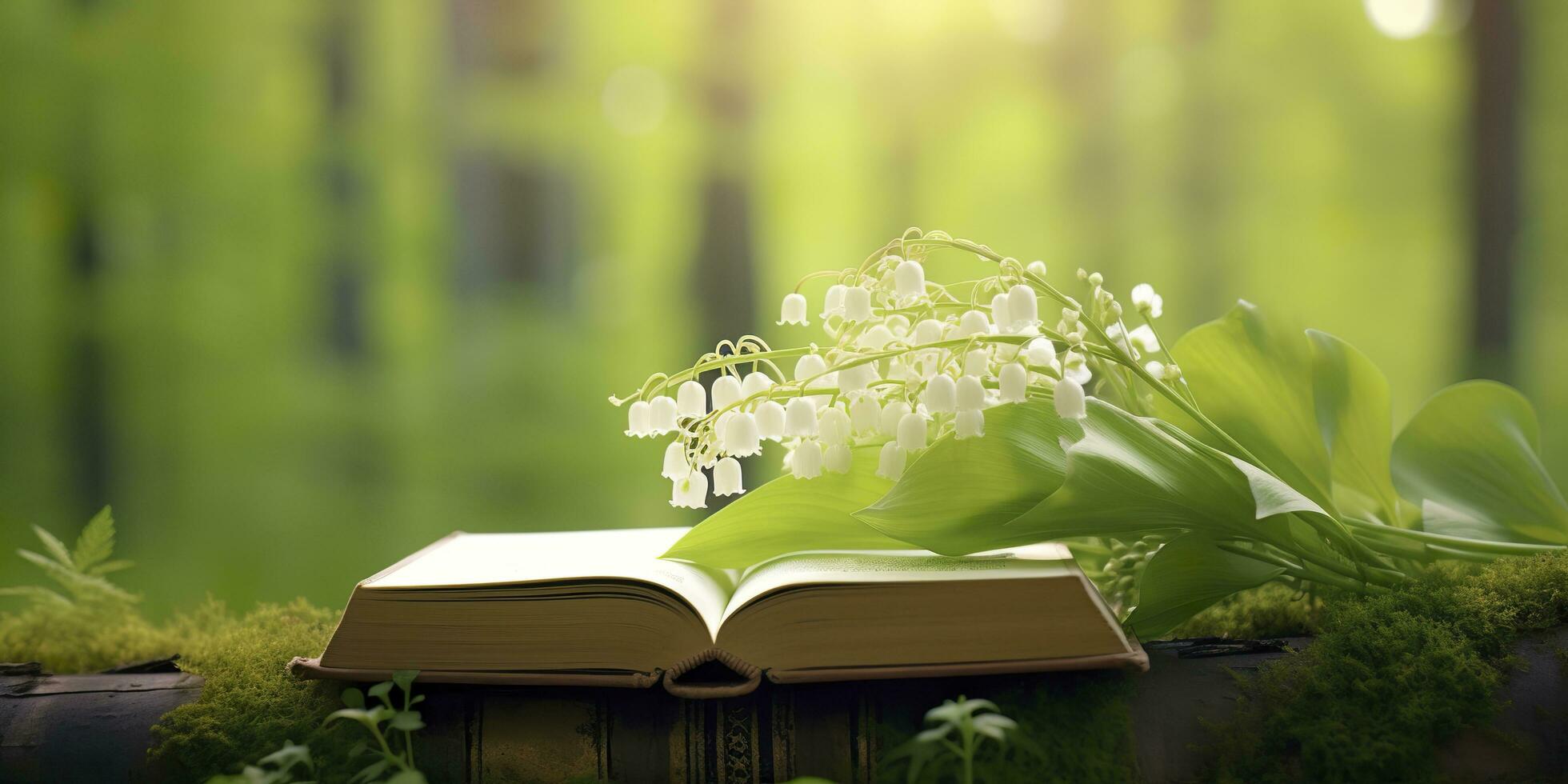Lily of the Valley flowers and old books in the forest, green natural background. AI Generated photo