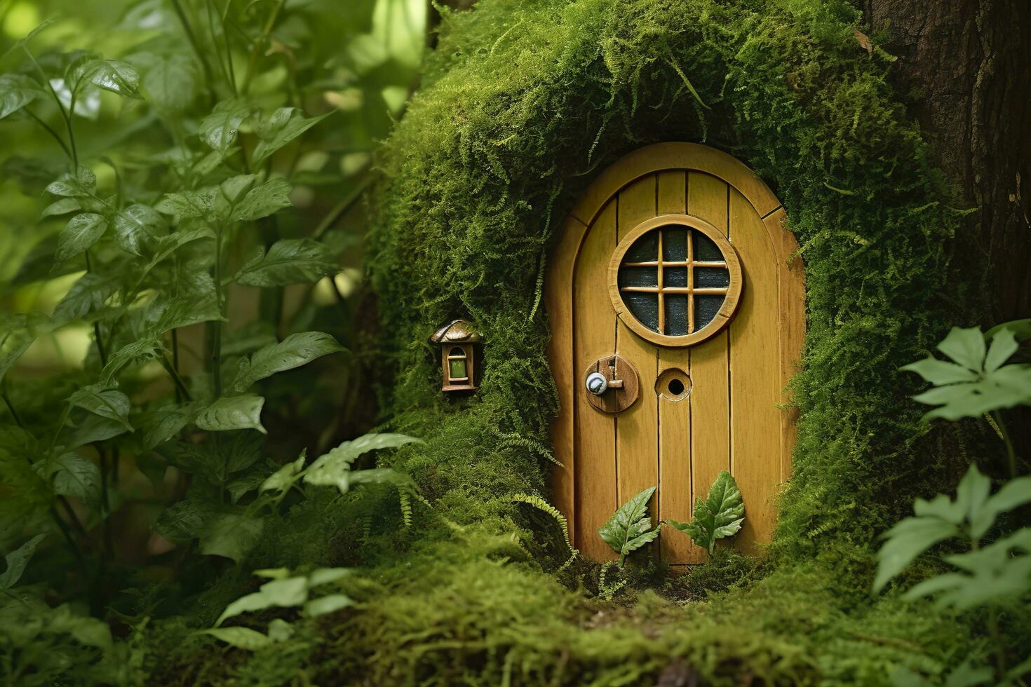 Little magic wooden fairy doors and plants leave on a mossy natural green background. AI Generated photo