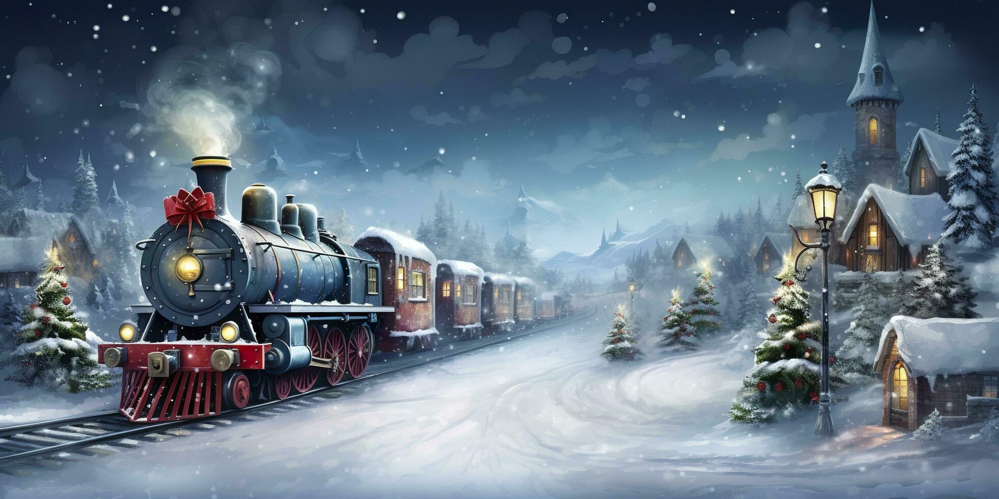 19th century train going throw a village in winter with a snow background. AI Generated photo