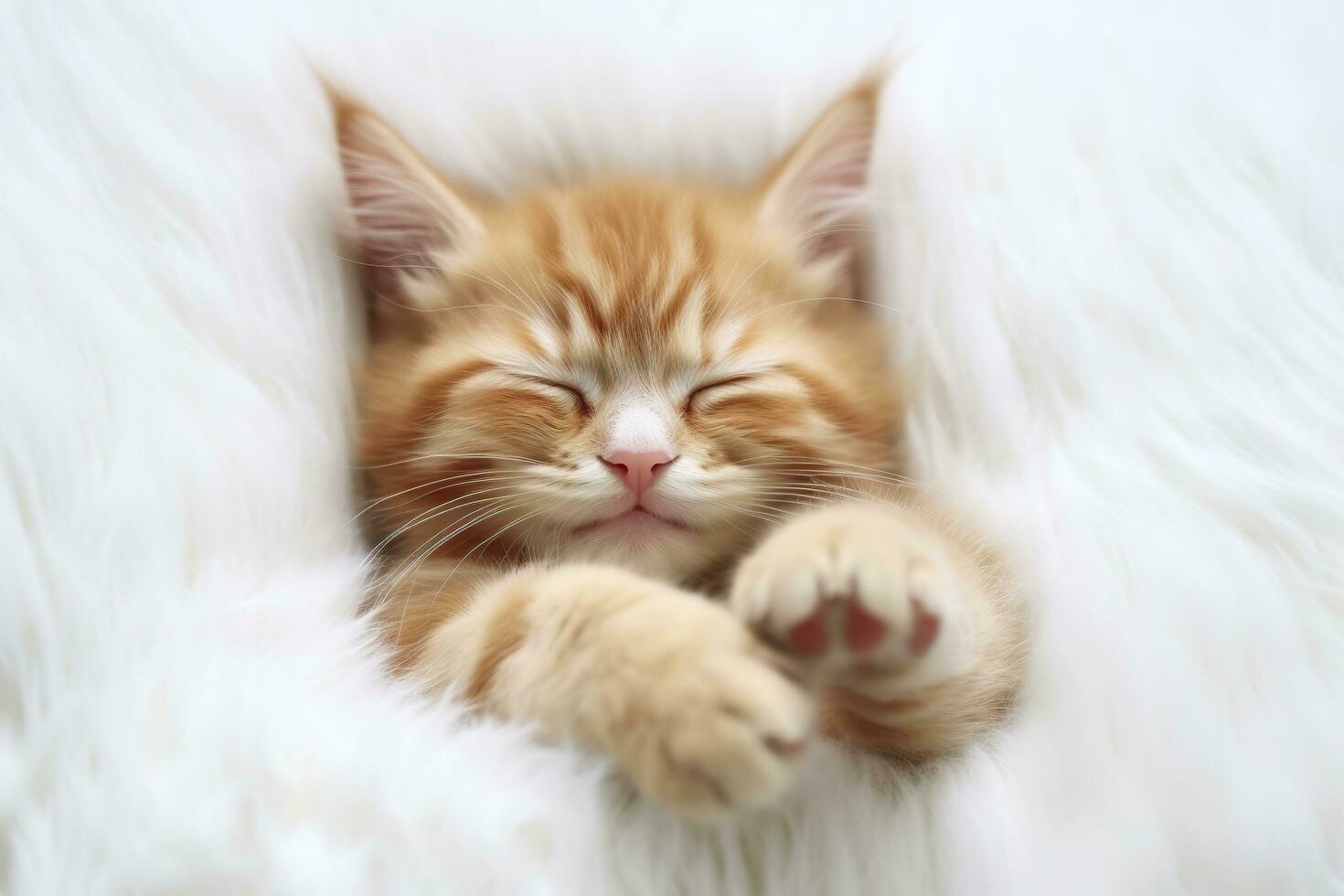 Red kitten, cat sleeping cute on white fur. Generative AI photo