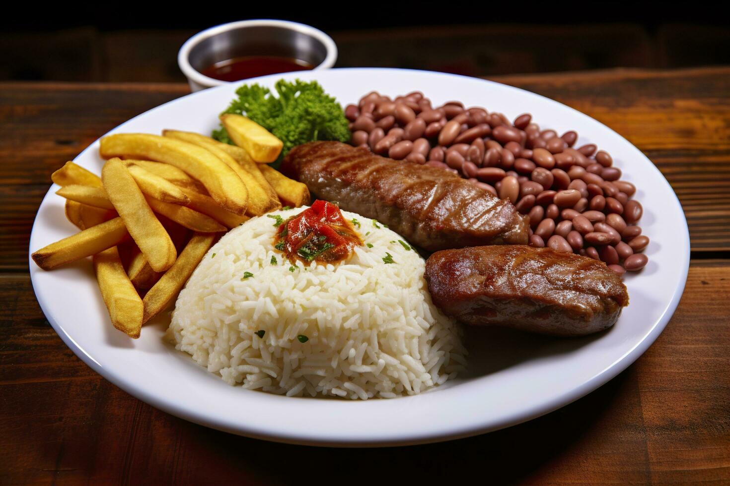 Rice, beans, French fries, and meat. Generative AI photo