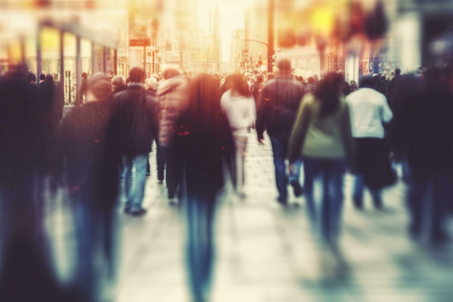 Blurred business people walking in the city scape. AI Generated photo