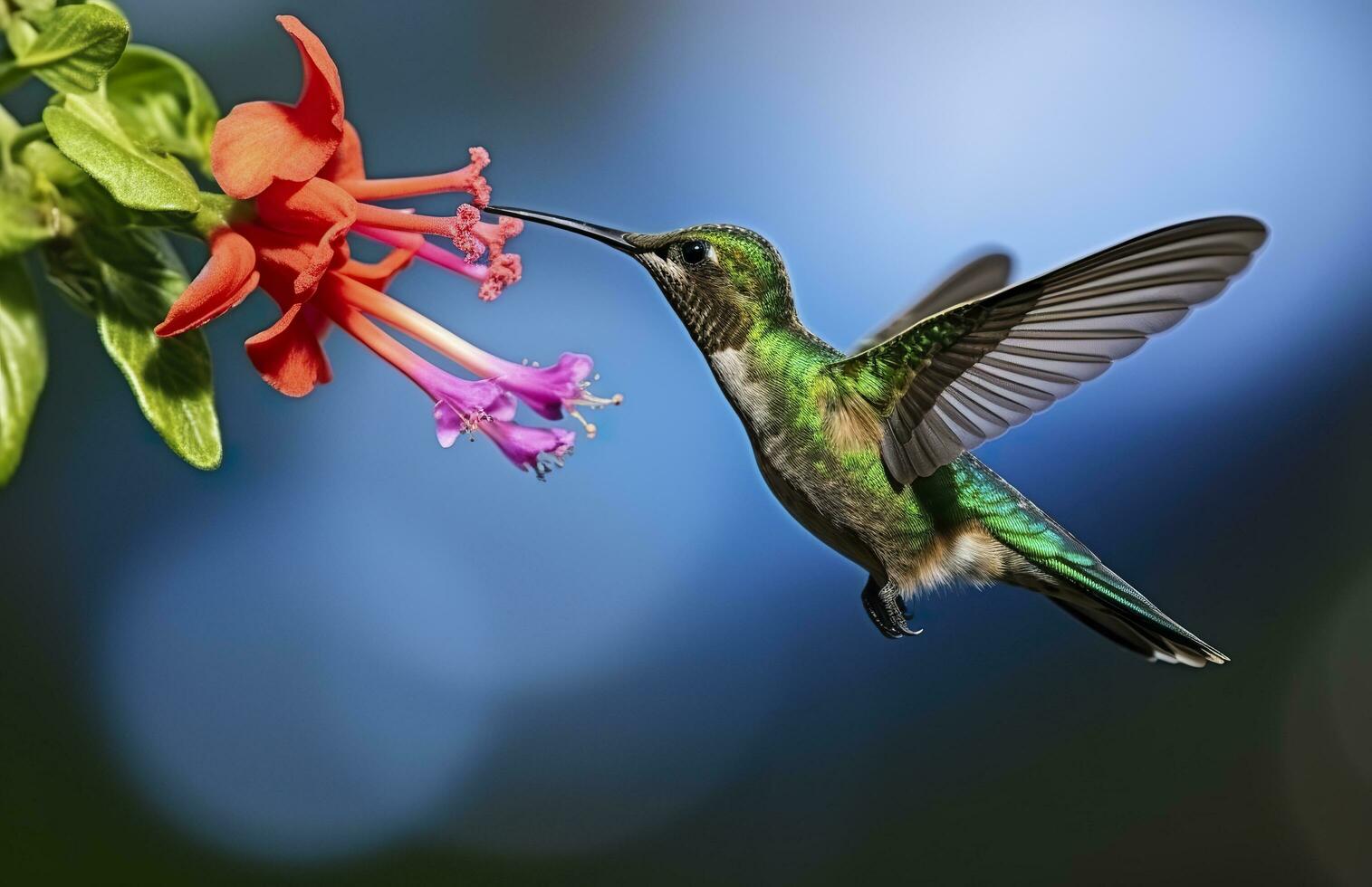 Hummingbird bird flying next to a beautiful red flower with rain. AI Generated photo