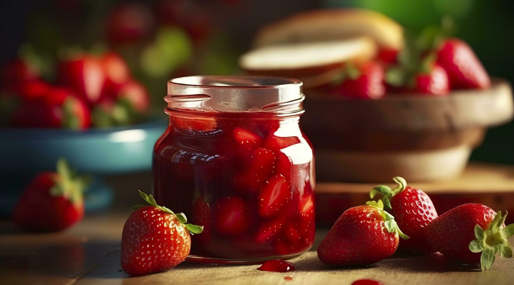 Strawberry jam and fresh berries. Generative AI photo